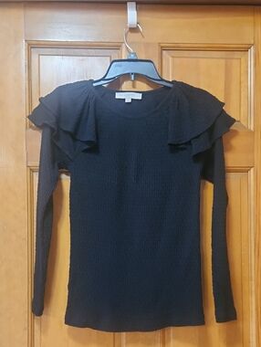 LOFT Black Ruffle Shoulder Top, Long Sleeved, Women's Size XS, GUC